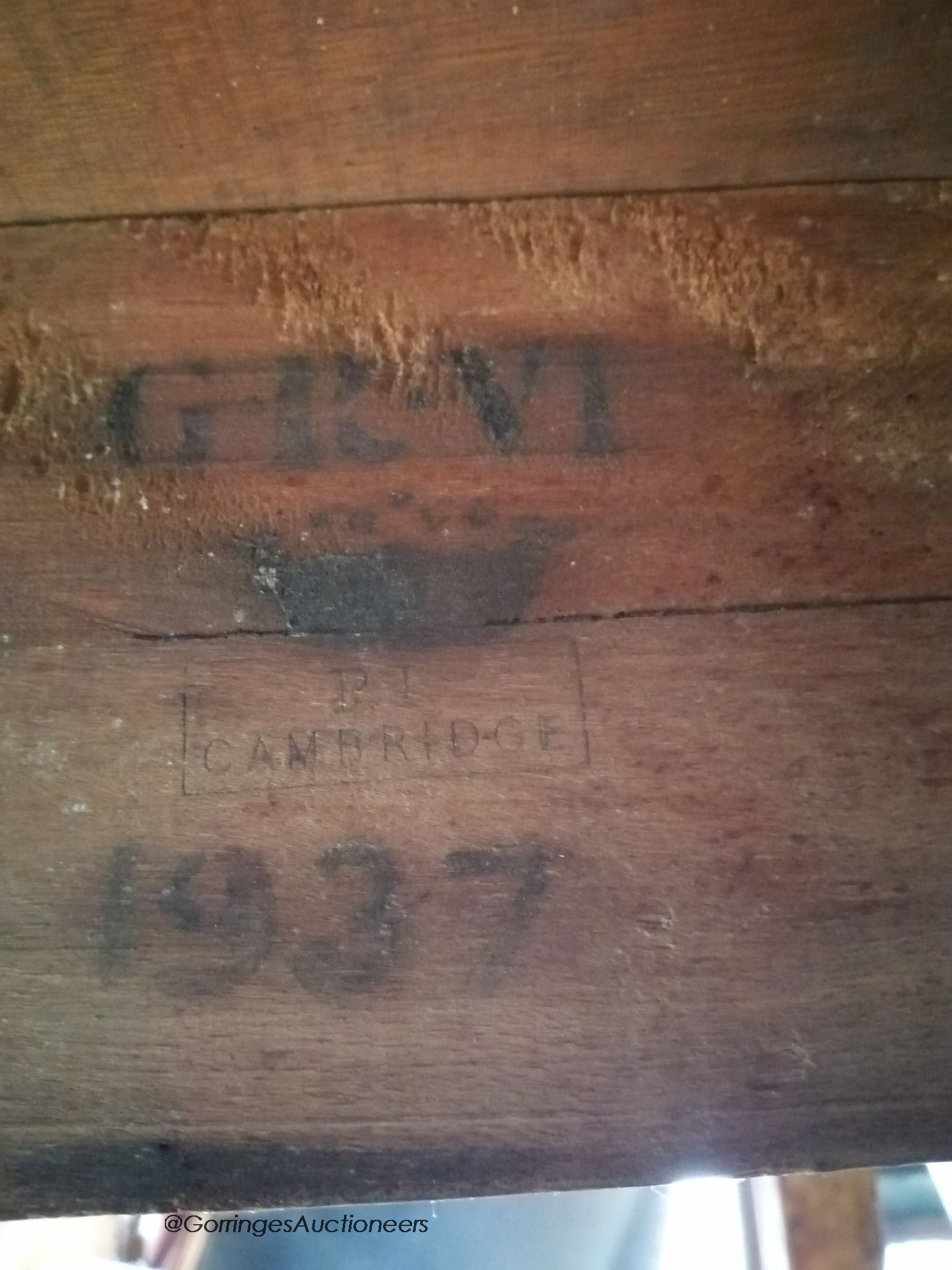 A 20th century RAF rectangular fruitwood plan table, marked GR V1, P1 Cambridge 1937 on underside, W-183cm, D-76cm, H-75cm.